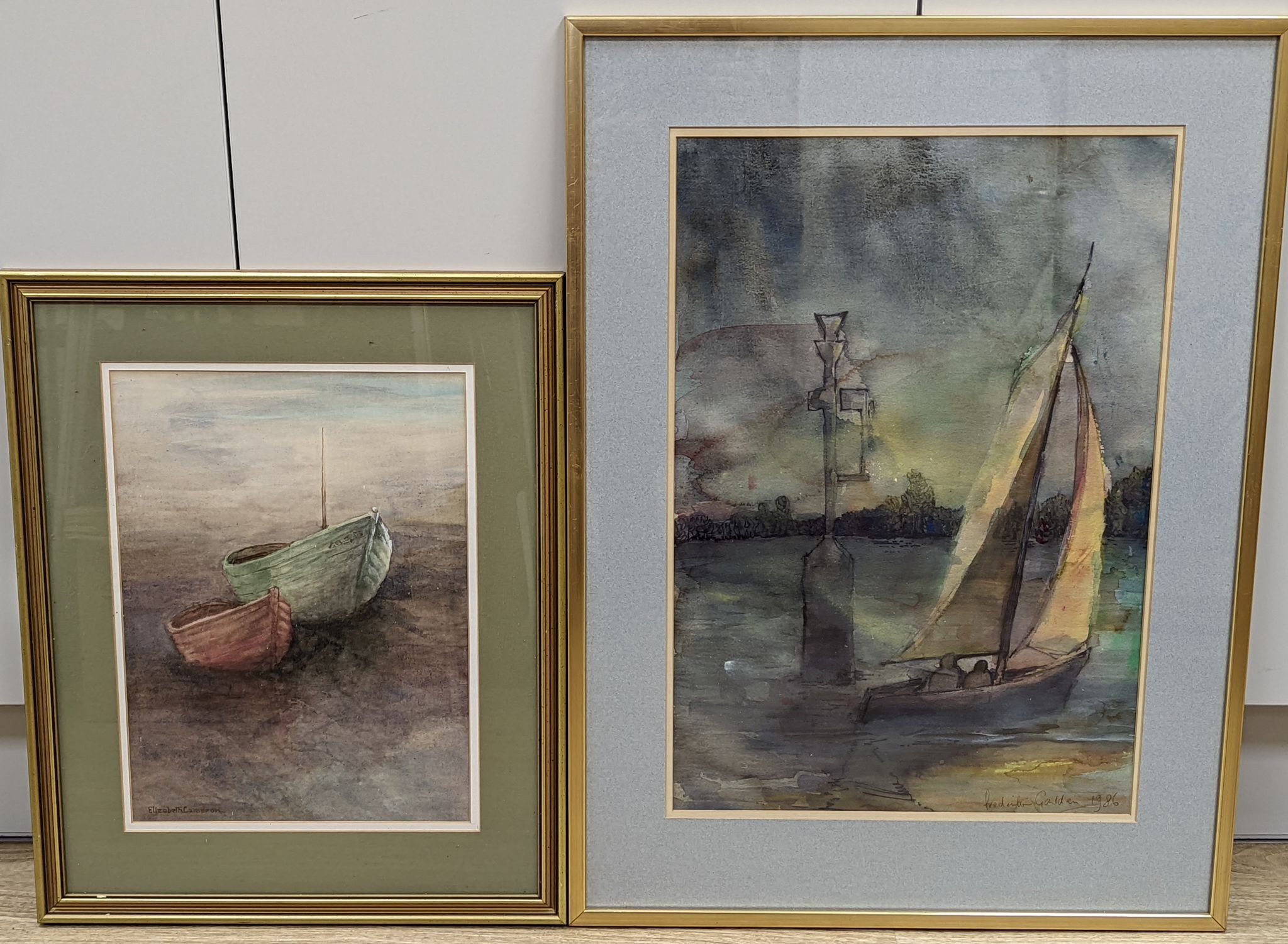 Frederick Galden, watercolour, Sailing dingy on an estuary, signed and dated 1986, 52, x 35cm and an Elizabeth Cameron watercolour of fhisng boats, 35 x 26cm
